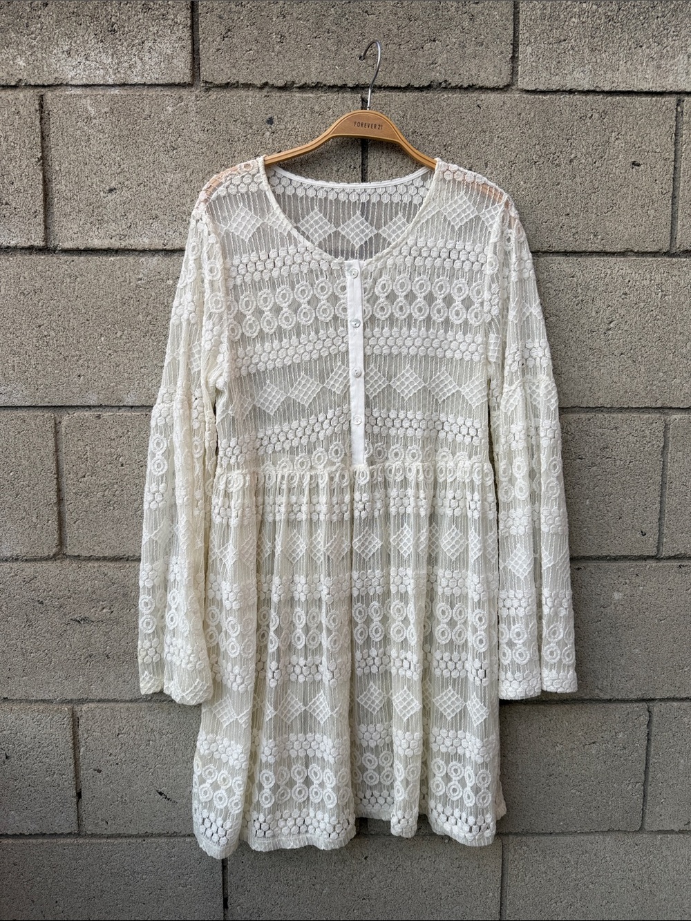 Crochet Lace Long-Sleeve Mini Dress - Sheer